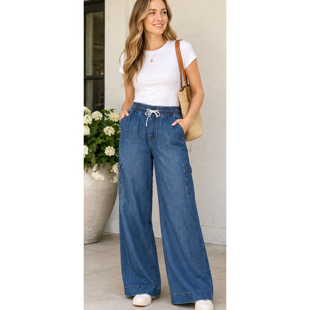 Est. 1946 Denim Womens 16W High Rise Wide Leg Cargo Jeans Blue Elastic Waist
